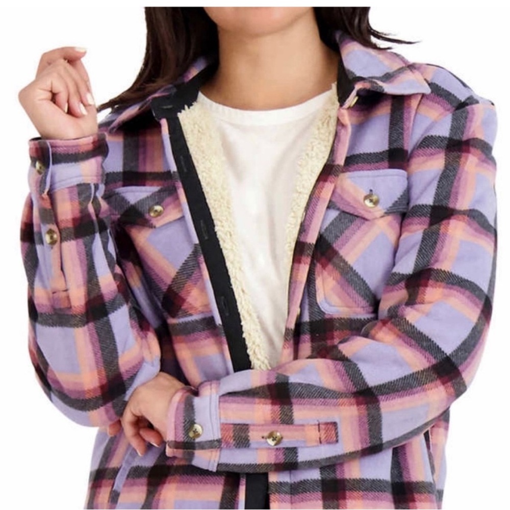 NWOT SAGE LADIES SHERPA PLAID BUTTON DOWN SHACKET SIZE LARGE - Picture 4 of 9